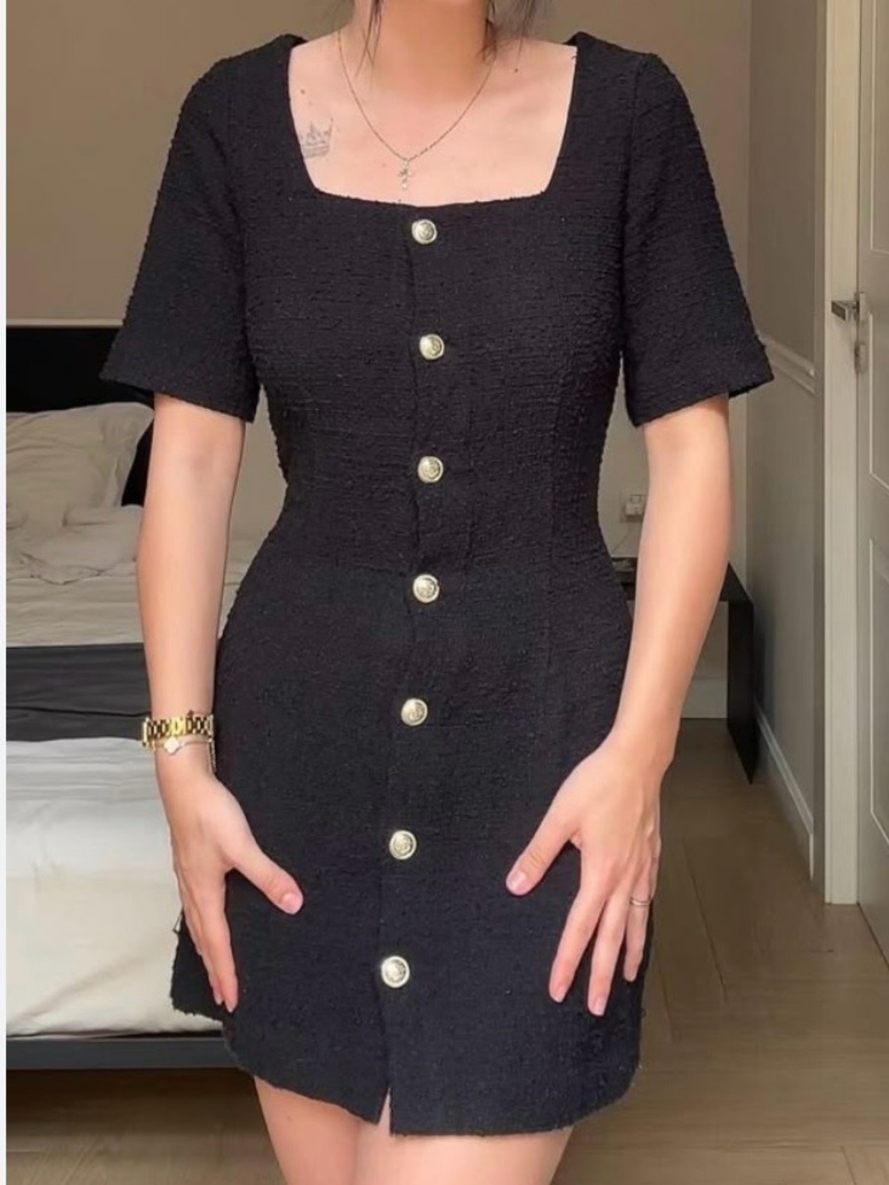 H&M Tweed Textured Mini Dress Size Medium Classic Black Button-Front